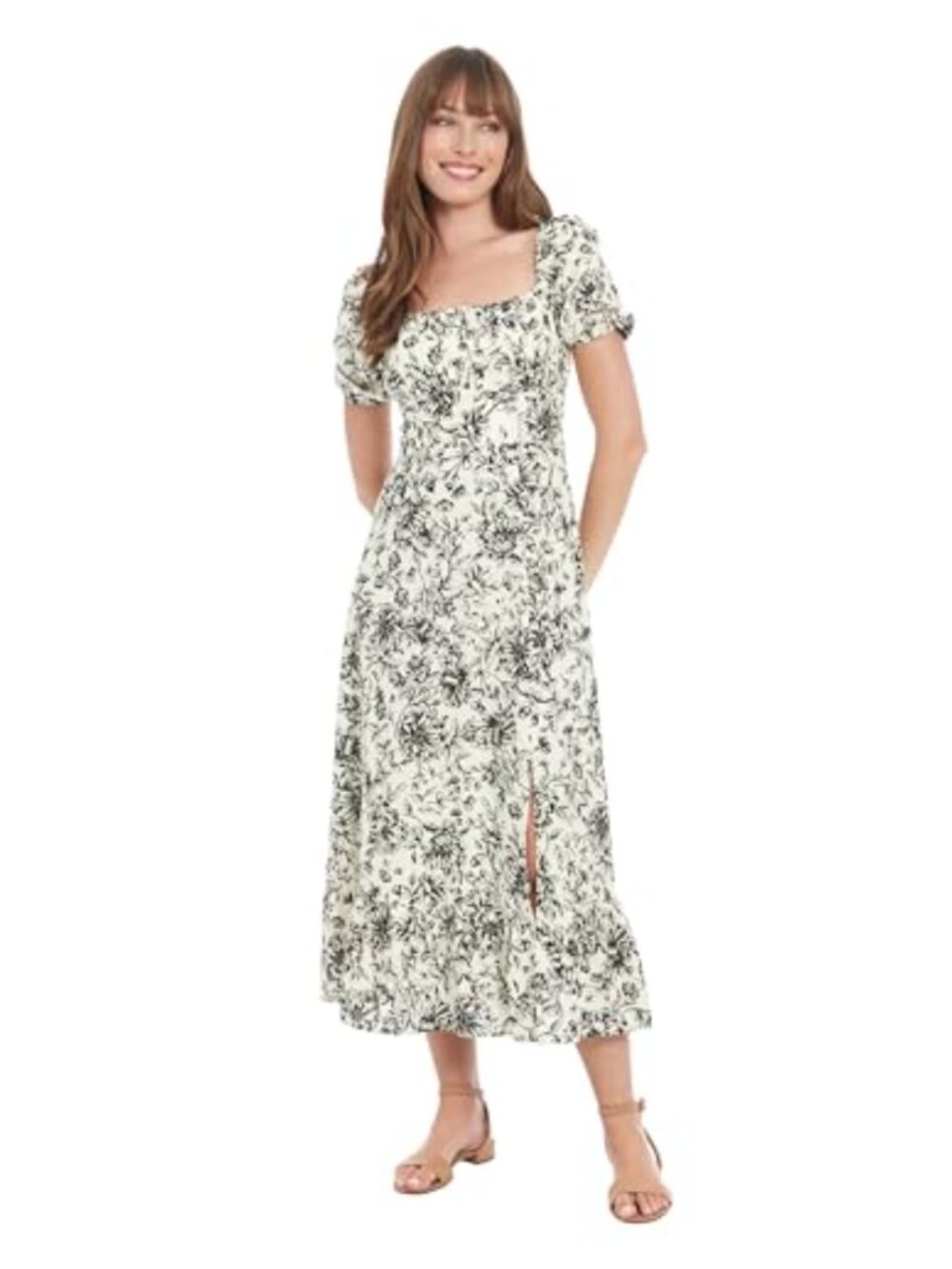 Square Neck Smocked Back Linen Rayon Floral Midi Dress Wedding Guest